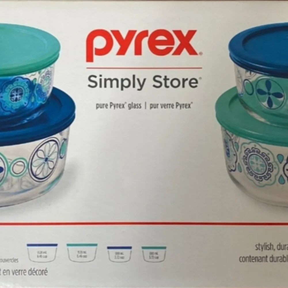 Pyrex Simply Store Decorated Glass Storage Containers Medallion 4 pcs MCM Retro